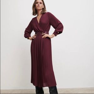 Zara Pleated Midi Dress Burgundy Wine Size S